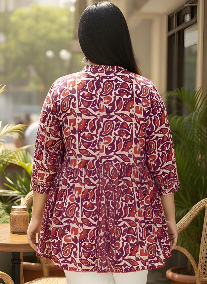 Indietoga Women Plus Size Paisley Print Mandarin Collar Cotton Fit & Flare Top - Image 4